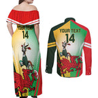 Custom South Africa And Wales Rugby Couples Matching Off Shoulder Maxi Dress and Long Sleeve Button Shirt Springboks Welsh Mascots Dynamic Version