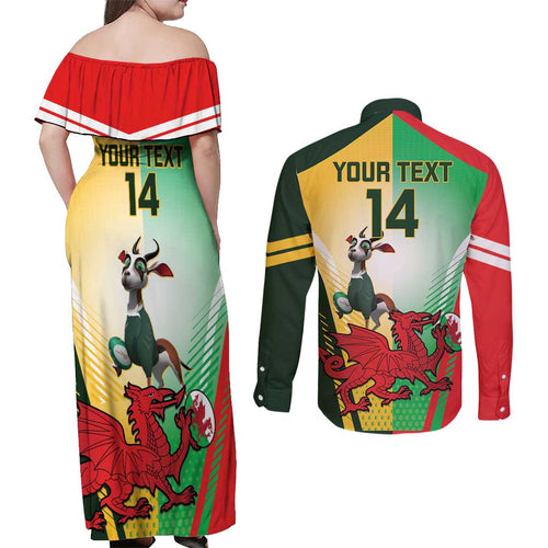 Custom South Africa And Wales Rugby Couples Matching Off Shoulder Maxi Dress and Long Sleeve Button Shirt Springboks Welsh Mascots Dynamic Version