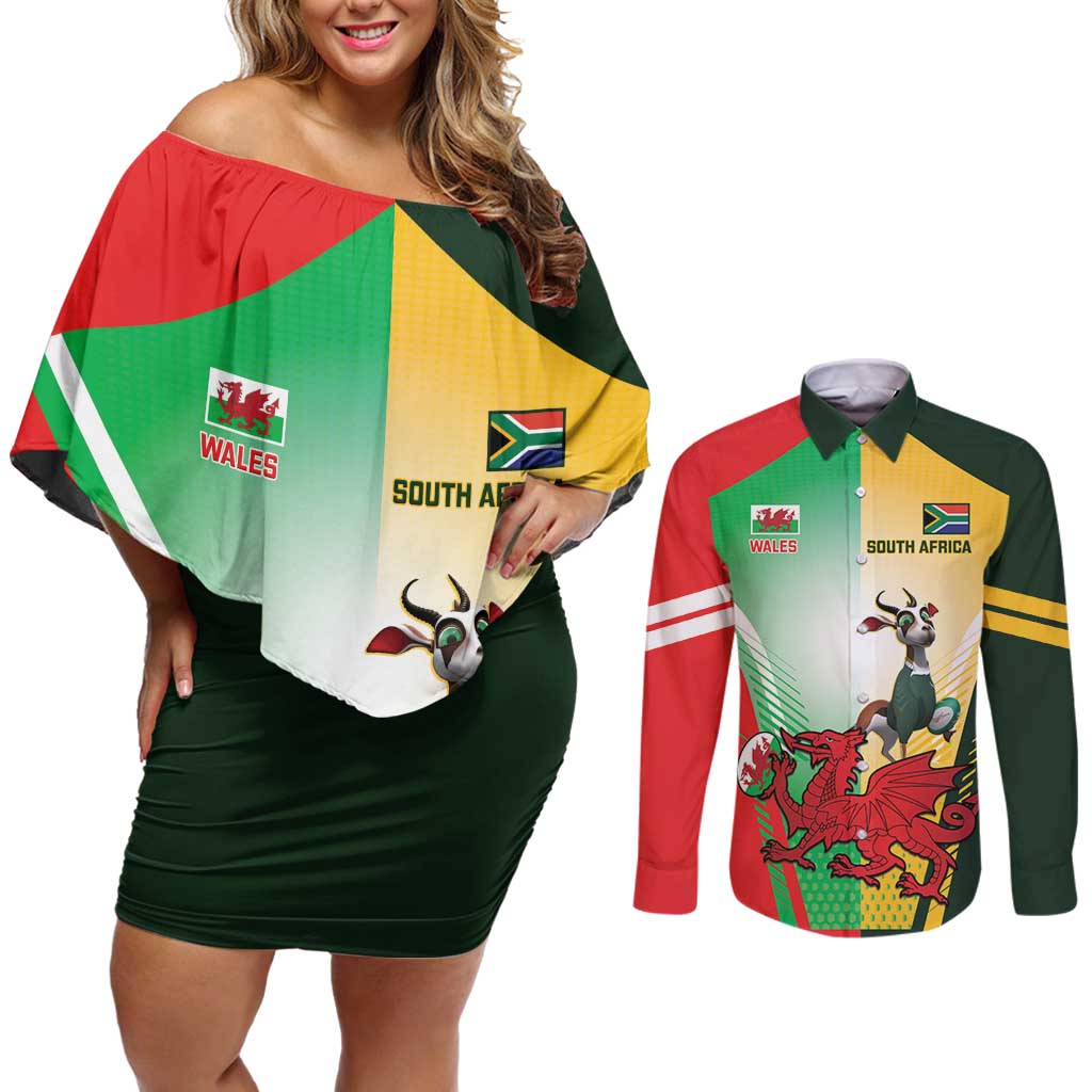 Custom South Africa And Wales Rugby Couples Matching Off Shoulder Short Dress and Long Sleeve Button Shirt Springboks Welsh Mascots Dynamic Version