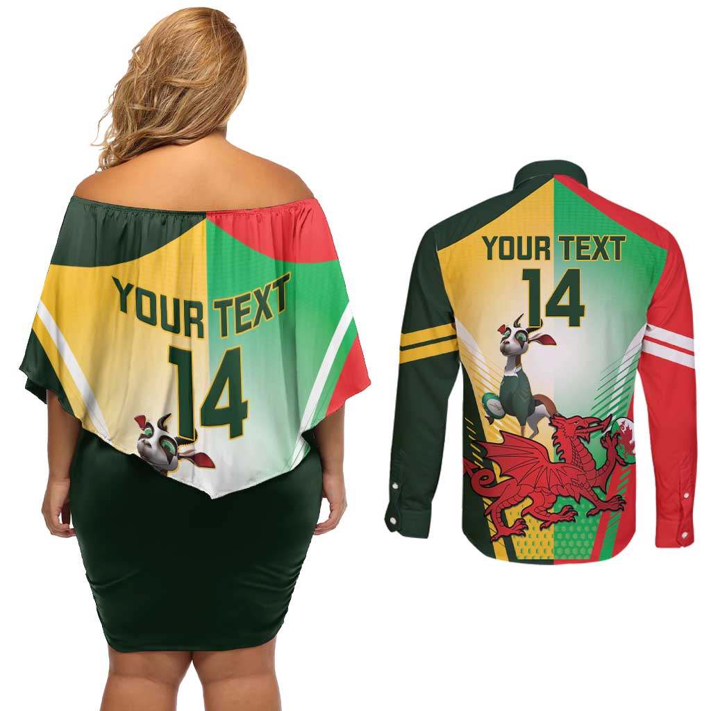 Custom South Africa And Wales Rugby Couples Matching Off Shoulder Short Dress and Long Sleeve Button Shirt Springboks Welsh Mascots Dynamic Version
