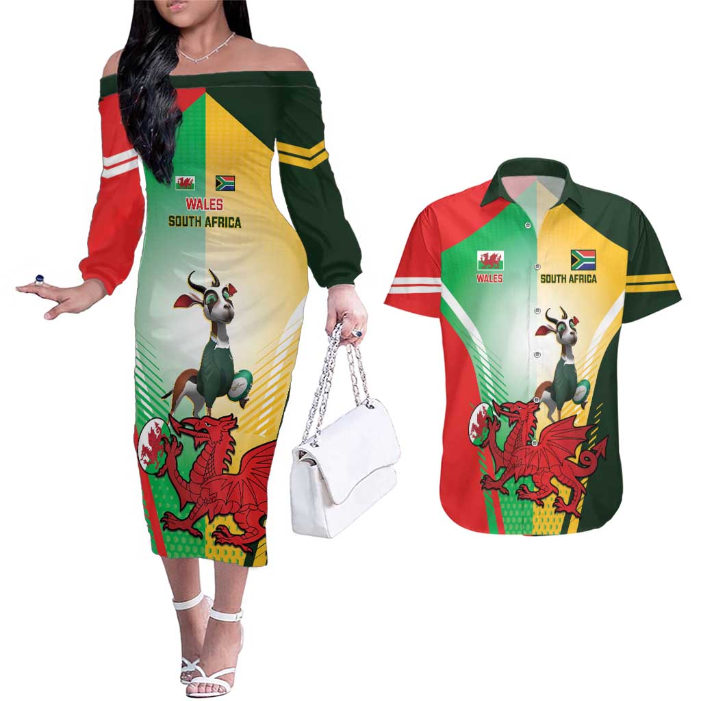 Custom South Africa And Wales Rugby Couples Matching Off The Shoulder Long Sleeve Dress and Hawaiian Shirt Springboks Welsh Mascots Dynamic Version