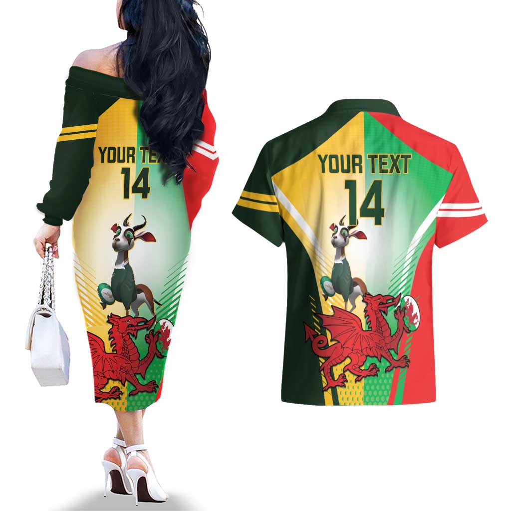 Custom South Africa And Wales Rugby Couples Matching Off The Shoulder Long Sleeve Dress and Hawaiian Shirt Springboks Welsh Mascots Dynamic Version