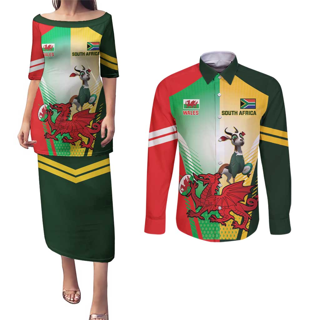 Custom South Africa And Wales Rugby Couples Matching Puletasi and Long Sleeve Button Shirt Springboks Welsh Mascots Dynamic Version