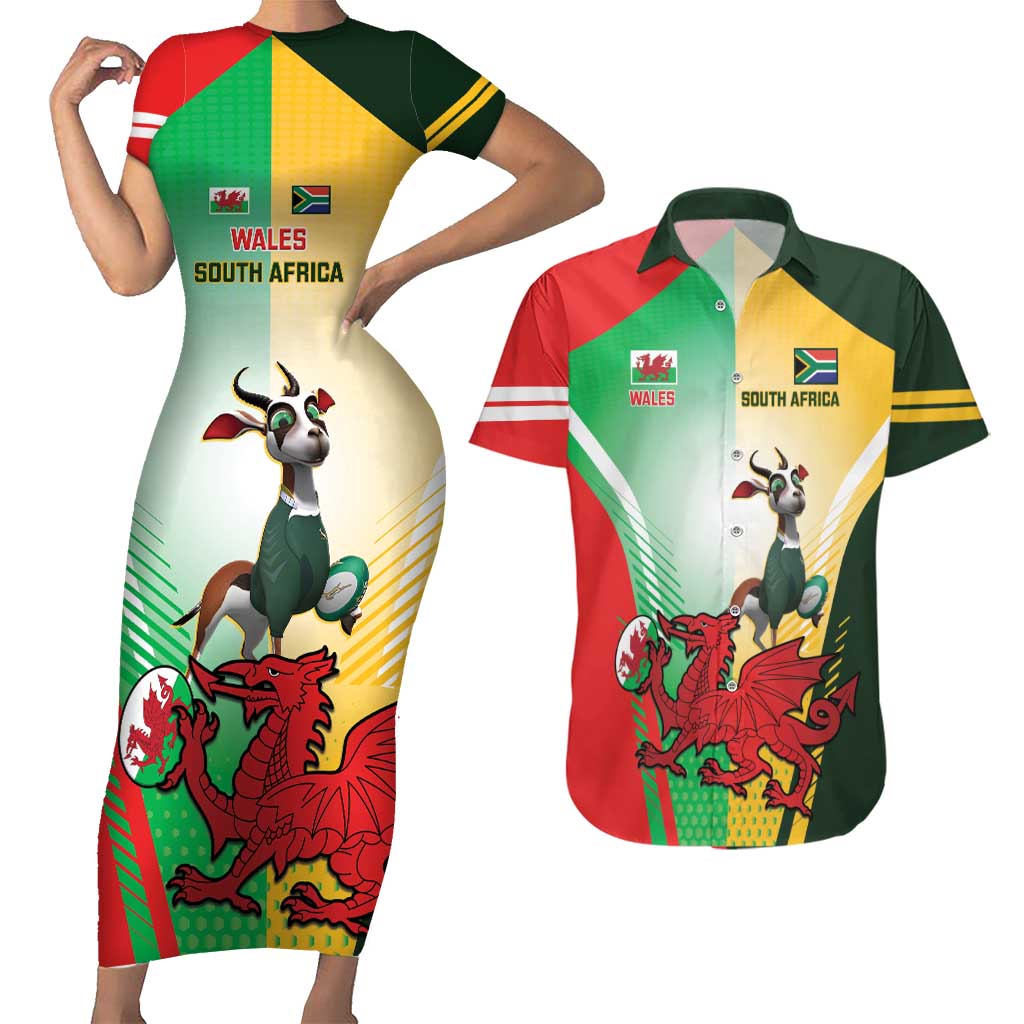 Custom South Africa And Wales Rugby Couples Matching Short Sleeve Bodycon Dress and Hawaiian Shirt Springboks Welsh Mascots Dynamic Version