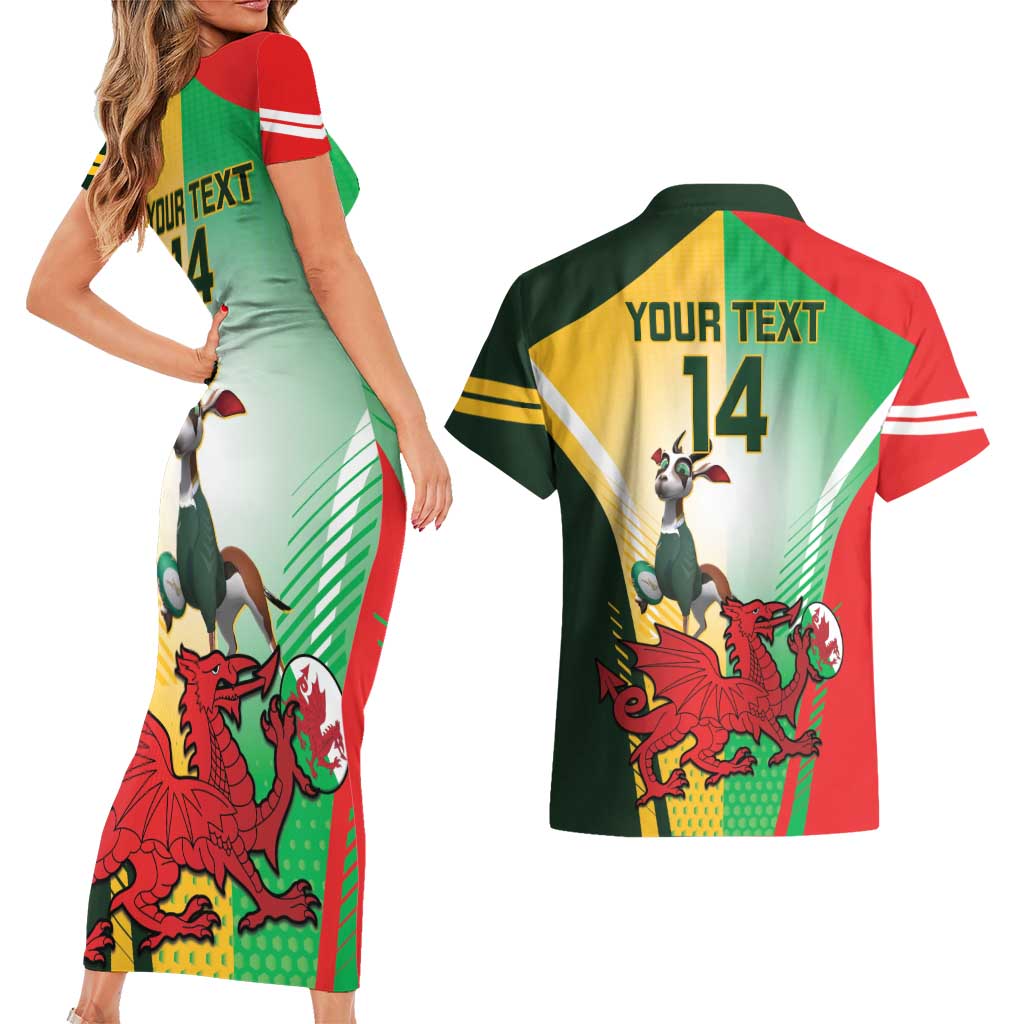 Custom South Africa And Wales Rugby Couples Matching Short Sleeve Bodycon Dress and Hawaiian Shirt Springboks Welsh Mascots Dynamic Version
