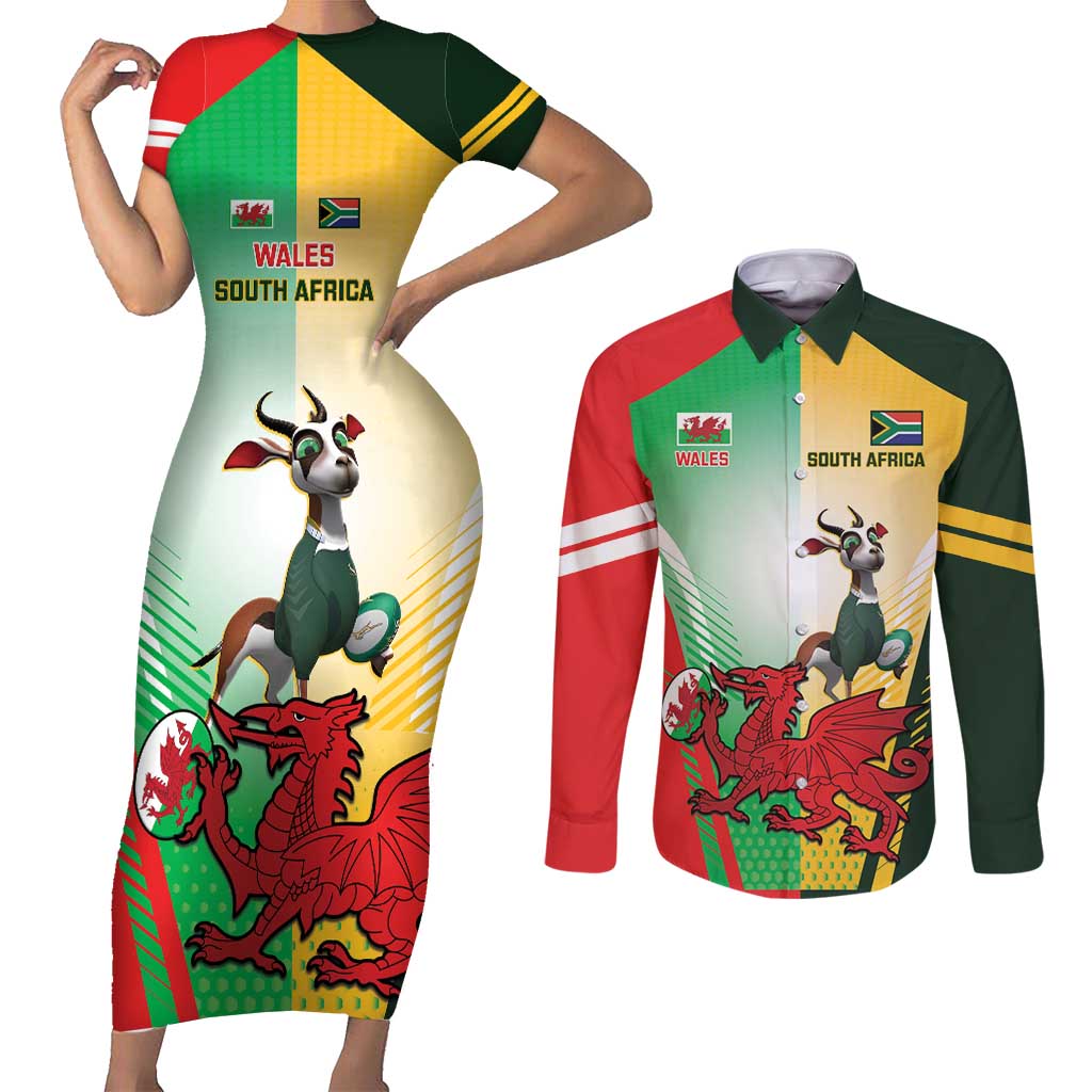 Custom South Africa And Wales Rugby Couples Matching Short Sleeve Bodycon Dress and Long Sleeve Button Shirt Springboks Welsh Mascots Dynamic Version
