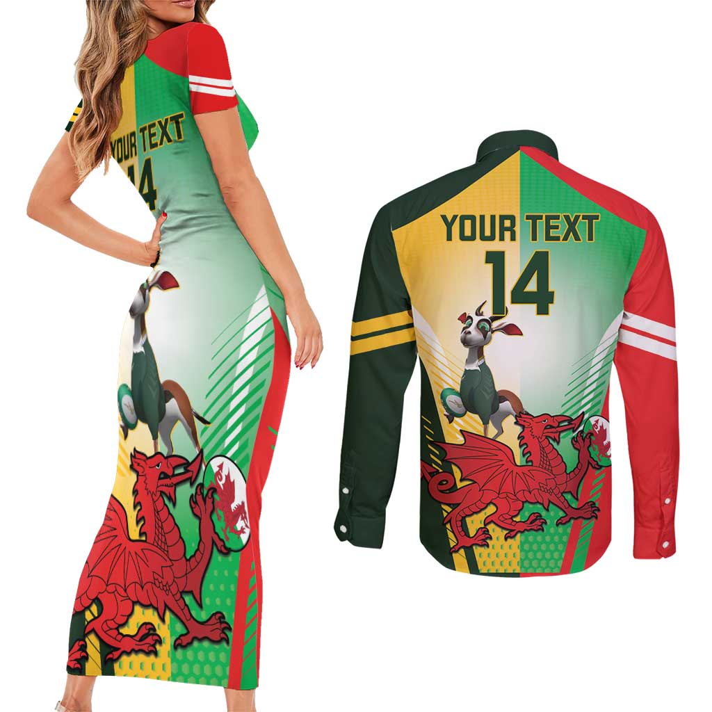 Custom South Africa And Wales Rugby Couples Matching Short Sleeve Bodycon Dress and Long Sleeve Button Shirt Springboks Welsh Mascots Dynamic Version