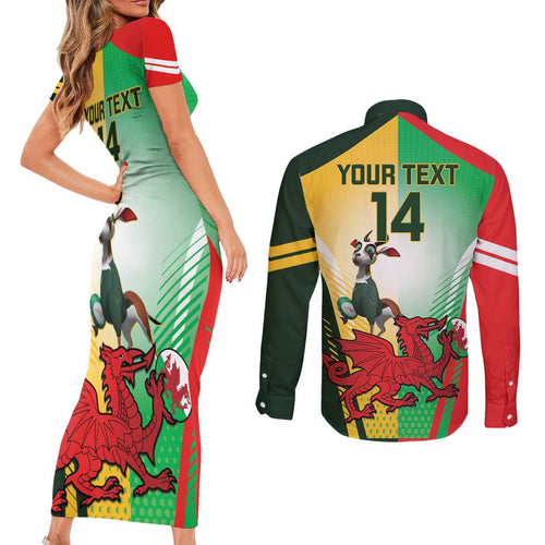 Custom South Africa And Wales Rugby Couples Matching Short Sleeve Bodycon Dress and Long Sleeve Button Shirt Springboks Welsh Mascots Dynamic Version