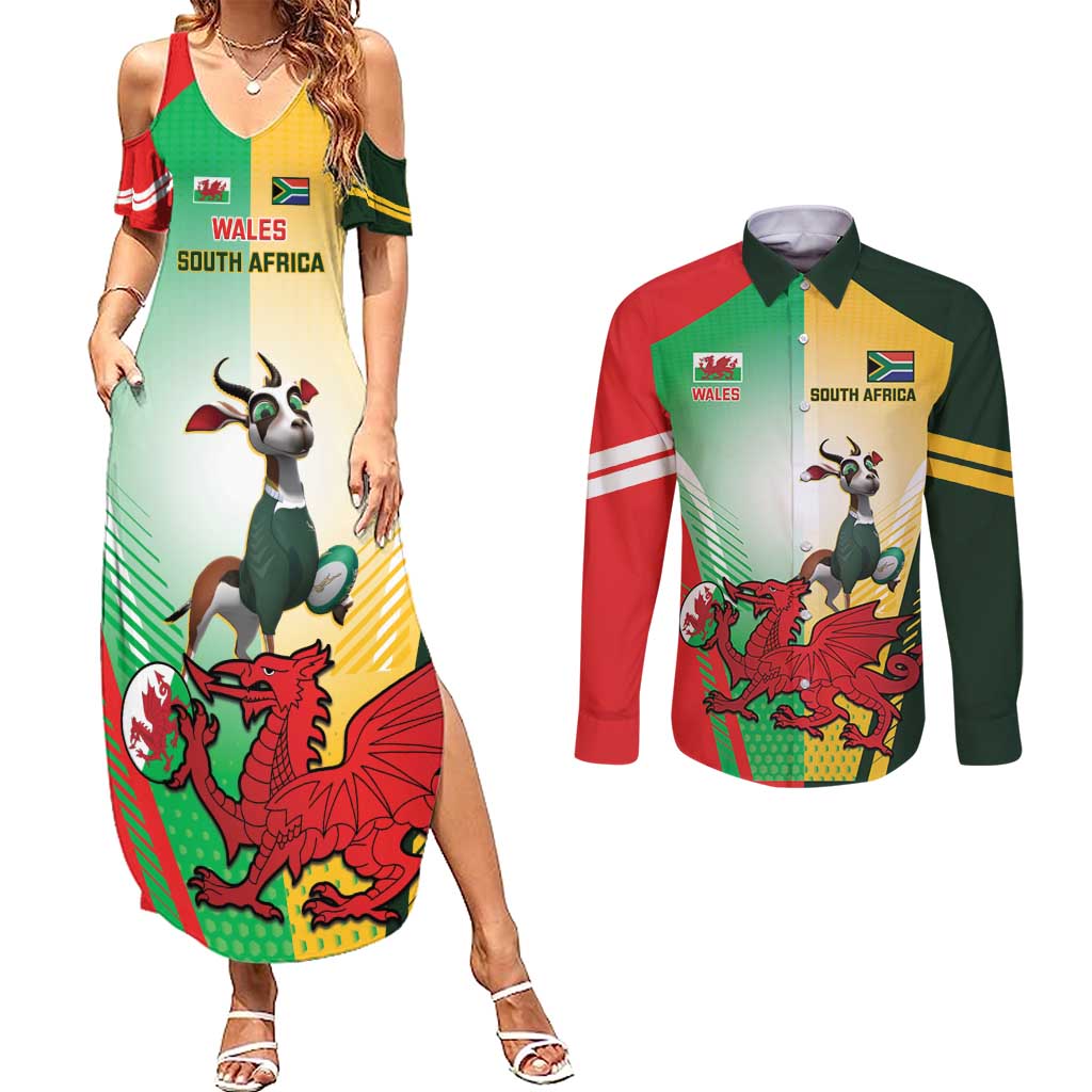 Custom South Africa And Wales Rugby Couples Matching Summer Maxi Dress and Long Sleeve Button Shirt Springboks Welsh Mascots Dynamic Version