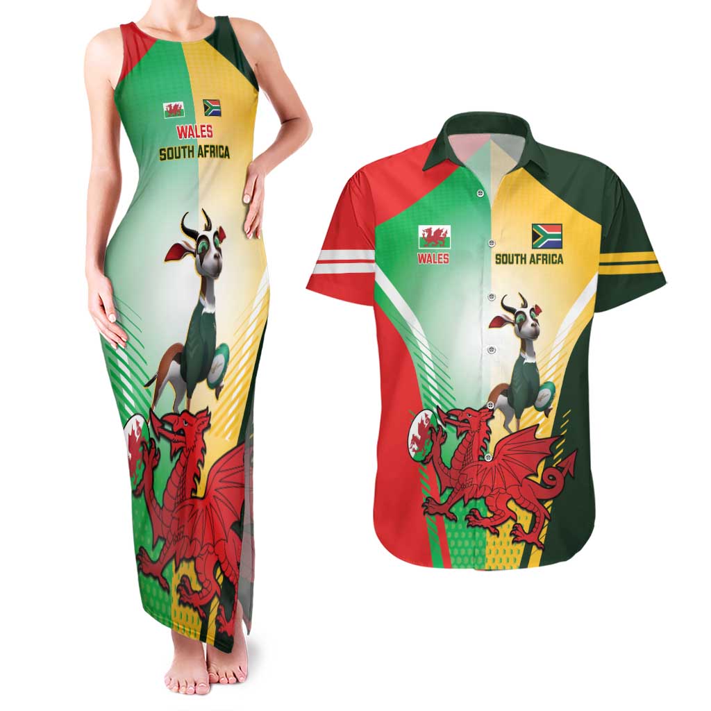 Custom South Africa And Wales Rugby Couples Matching Tank Maxi Dress and Hawaiian Shirt Springboks Welsh Mascots Dynamic Version