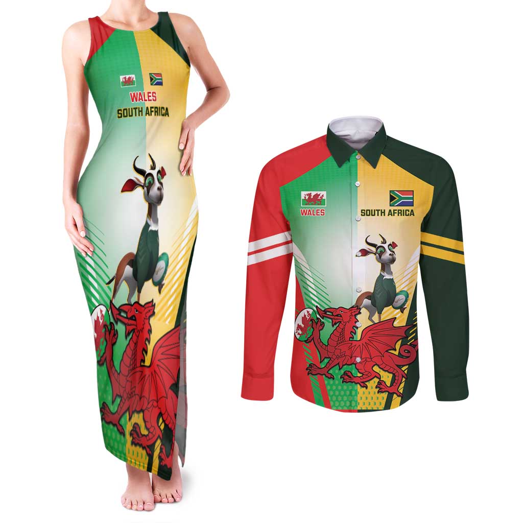 Custom South Africa And Wales Rugby Couples Matching Tank Maxi Dress and Long Sleeve Button Shirt Springboks Welsh Mascots Dynamic Version