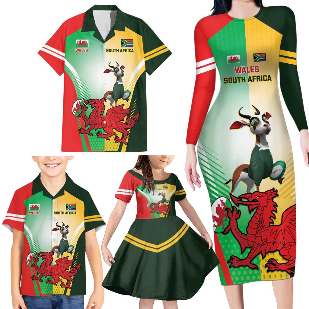 Custom South Africa And Wales Rugby Family Matching Long Sleeve Bodycon Dress and Hawaiian Shirt Springboks Welsh Mascots Dynamic Version
