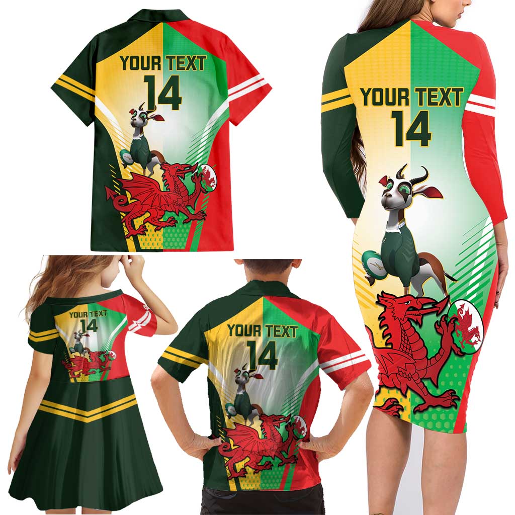 Custom South Africa And Wales Rugby Family Matching Long Sleeve Bodycon Dress and Hawaiian Shirt Springboks Welsh Mascots Dynamic Version
