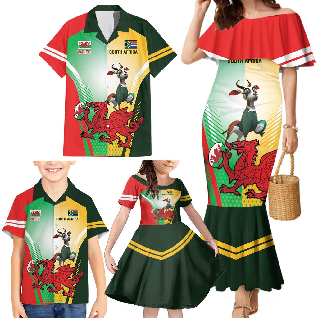 Custom South Africa And Wales Rugby Family Matching Mermaid Dress and Hawaiian Shirt Springboks Welsh Mascots Dynamic Version