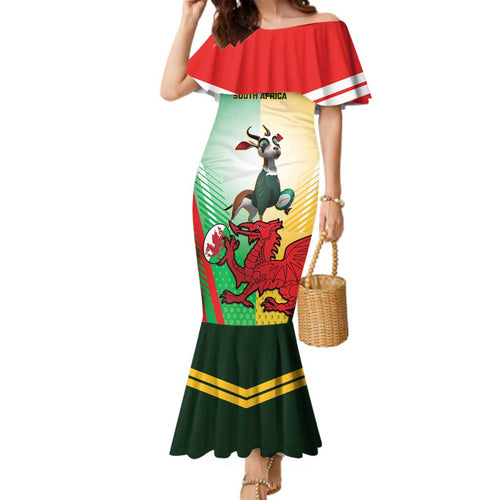 Custom South Africa And Wales Rugby Family Matching Mermaid Dress and Hawaiian Shirt Springboks Welsh Mascots Dynamic Version