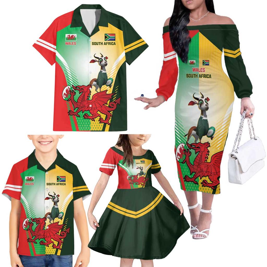 Custom South Africa And Wales Rugby Family Matching Off The Shoulder Long Sleeve Dress and Hawaiian Shirt Springboks Welsh Mascots Dynamic Version