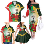 Custom South Africa And Wales Rugby Family Matching Off The Shoulder Long Sleeve Dress and Hawaiian Shirt Springboks Welsh Mascots Dynamic Version