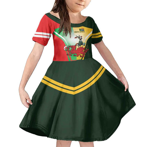Custom South Africa And Wales Rugby Family Matching Off The Shoulder Long Sleeve Dress and Hawaiian Shirt Springboks Welsh Mascots Dynamic Version