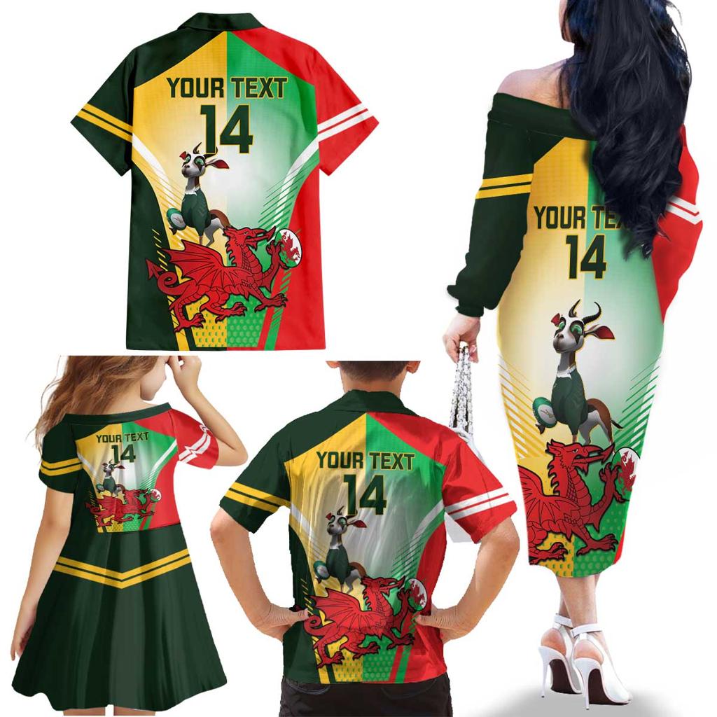 Custom South Africa And Wales Rugby Family Matching Off The Shoulder Long Sleeve Dress and Hawaiian Shirt Springboks Welsh Mascots Dynamic Version