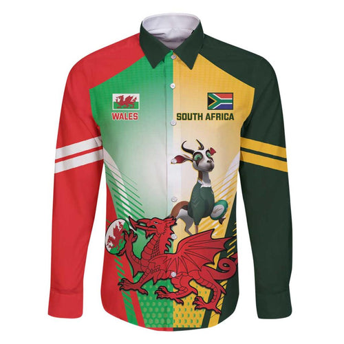 Custom South Africa And Wales Rugby Family Matching Off The Shoulder Long Sleeve Dress and Hawaiian Shirt Springboks Welsh Mascots Dynamic Version
