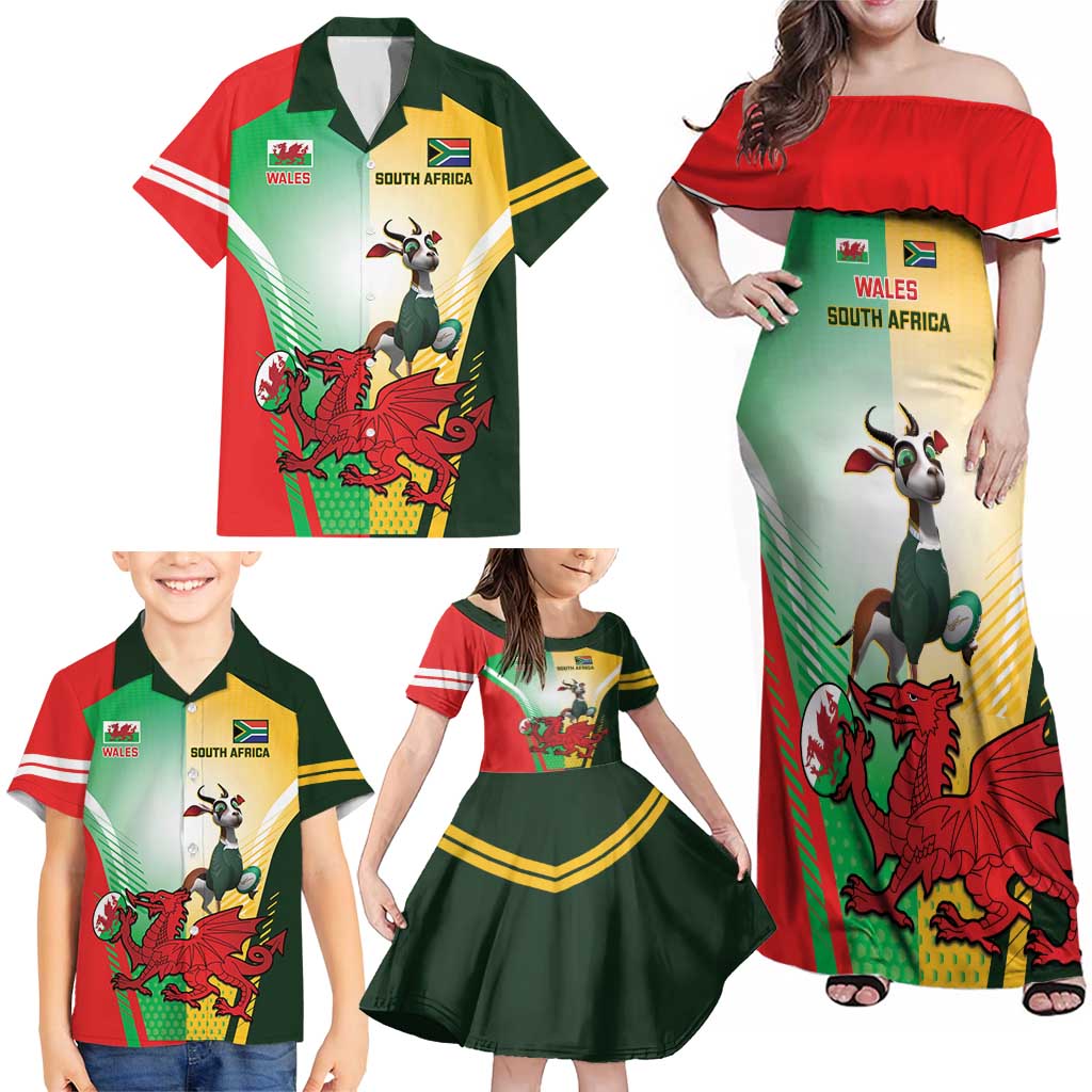 Custom South Africa And Wales Rugby Family Matching Off Shoulder Maxi Dress and Hawaiian Shirt Springboks Welsh Mascots Dynamic Version