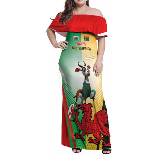 Custom South Africa And Wales Rugby Family Matching Off Shoulder Maxi Dress and Hawaiian Shirt Springboks Welsh Mascots Dynamic Version