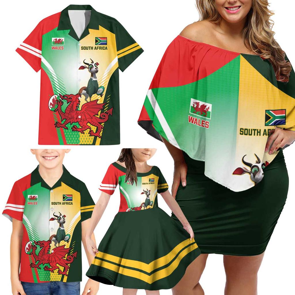 Custom South Africa And Wales Rugby Family Matching Off Shoulder Short Dress and Hawaiian Shirt Springboks Welsh Mascots Dynamic Version