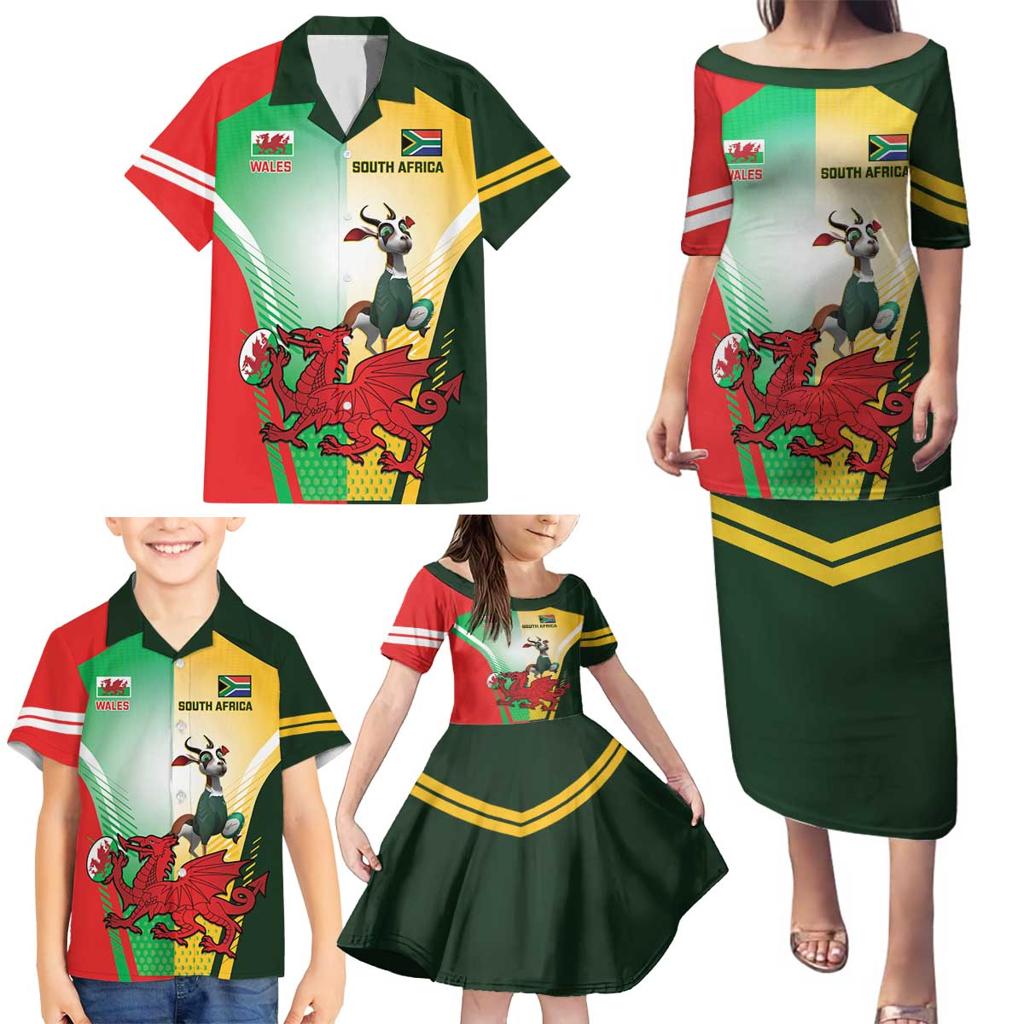 Custom South Africa And Wales Rugby Family Matching Puletasi and Hawaiian Shirt Springboks Welsh Mascots Dynamic Version