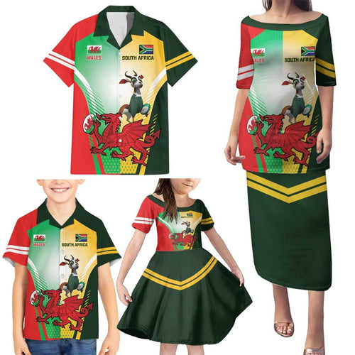 Custom South Africa And Wales Rugby Family Matching Puletasi and Hawaiian Shirt Springboks Welsh Mascots Dynamic Version