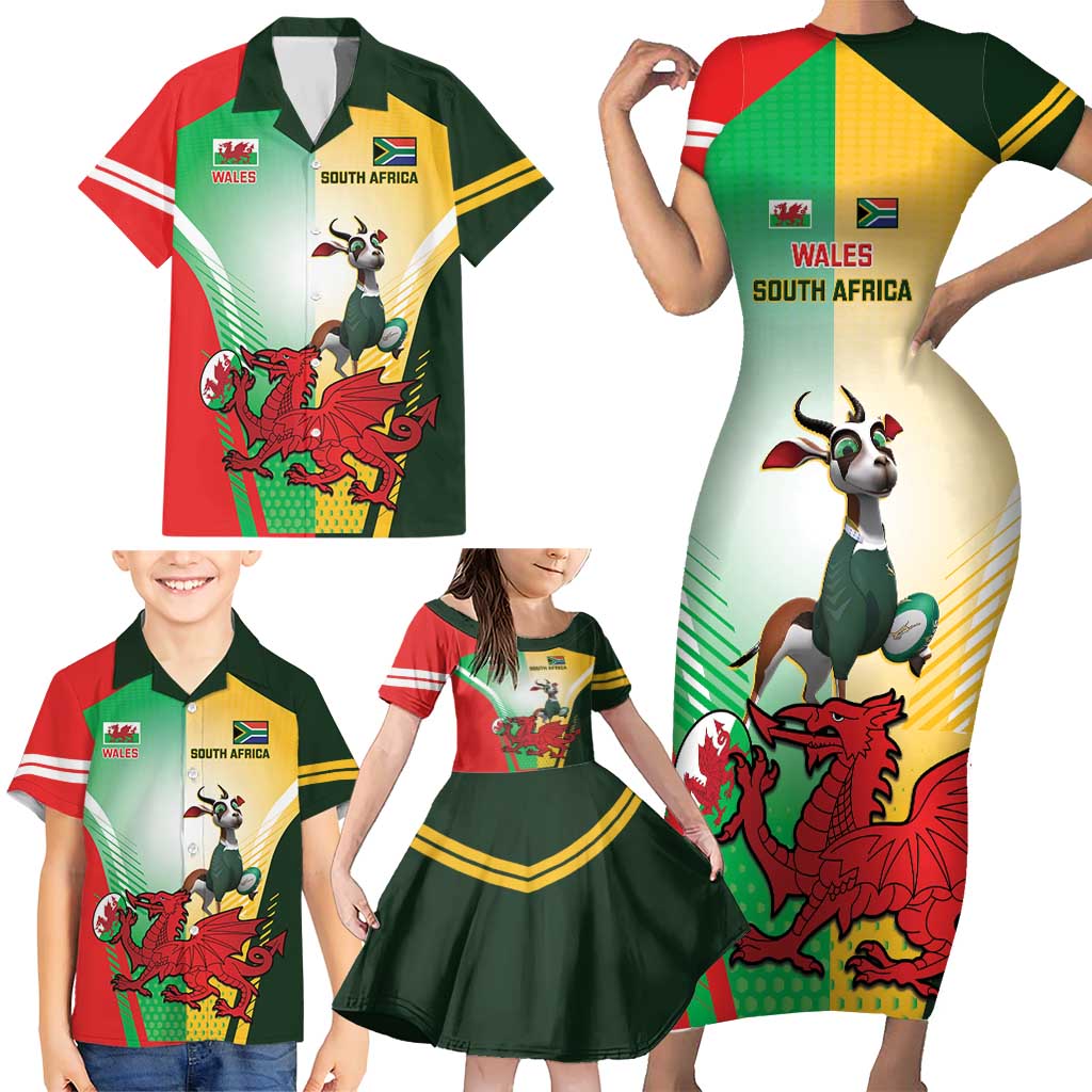 Custom South Africa And Wales Rugby Family Matching Short Sleeve Bodycon Dress and Hawaiian Shirt Springboks Welsh Mascots Dynamic Version