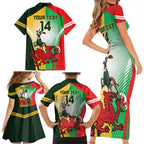 Custom South Africa And Wales Rugby Family Matching Short Sleeve Bodycon Dress and Hawaiian Shirt Springboks Welsh Mascots Dynamic Version