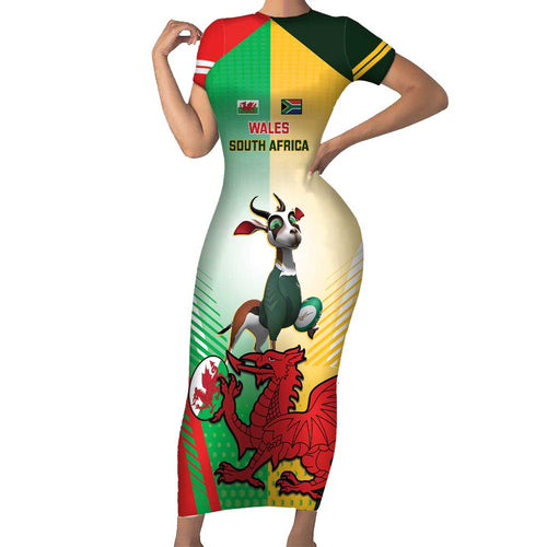 Custom South Africa And Wales Rugby Family Matching Short Sleeve Bodycon Dress and Hawaiian Shirt Springboks Welsh Mascots Dynamic Version