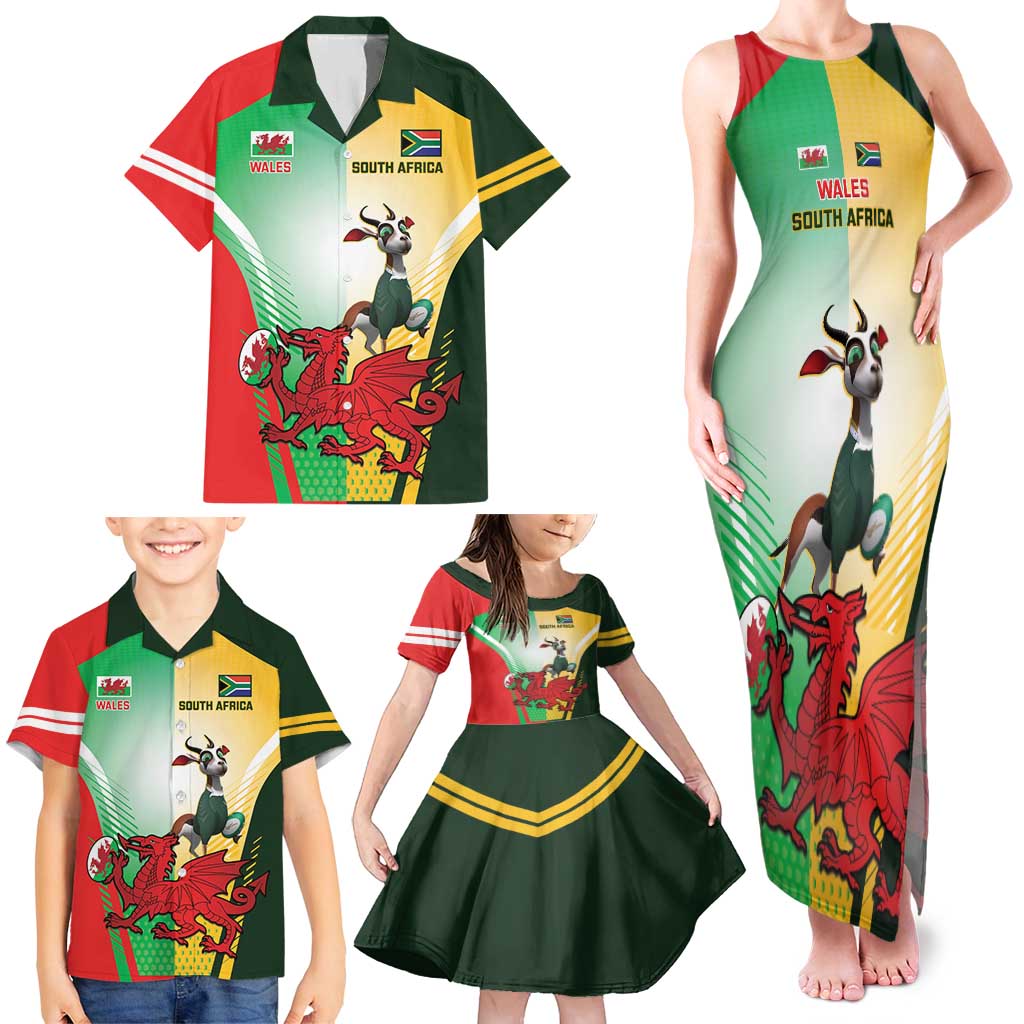 Custom South Africa And Wales Rugby Family Matching Tank Maxi Dress and Hawaiian Shirt Springboks Welsh Mascots Dynamic Version