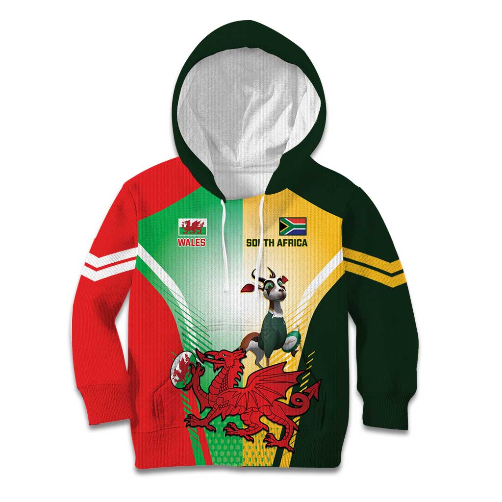Custom South Africa And Wales Rugby Kid Hoodie Springboks Welsh Mascots Dynamic Version