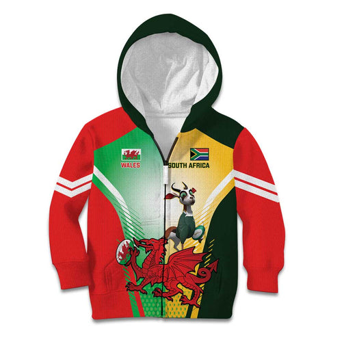 Custom South Africa And Wales Rugby Kid Hoodie Springboks Welsh Mascots Dynamic Version
