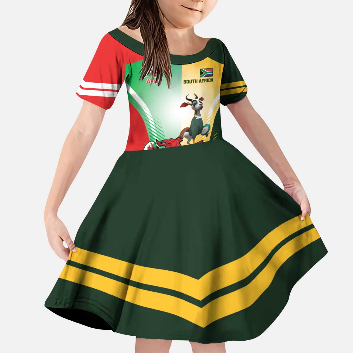 Custom South Africa And Wales Rugby Kid Short Sleeve Dress Springboks Welsh Mascots Dynamic Version