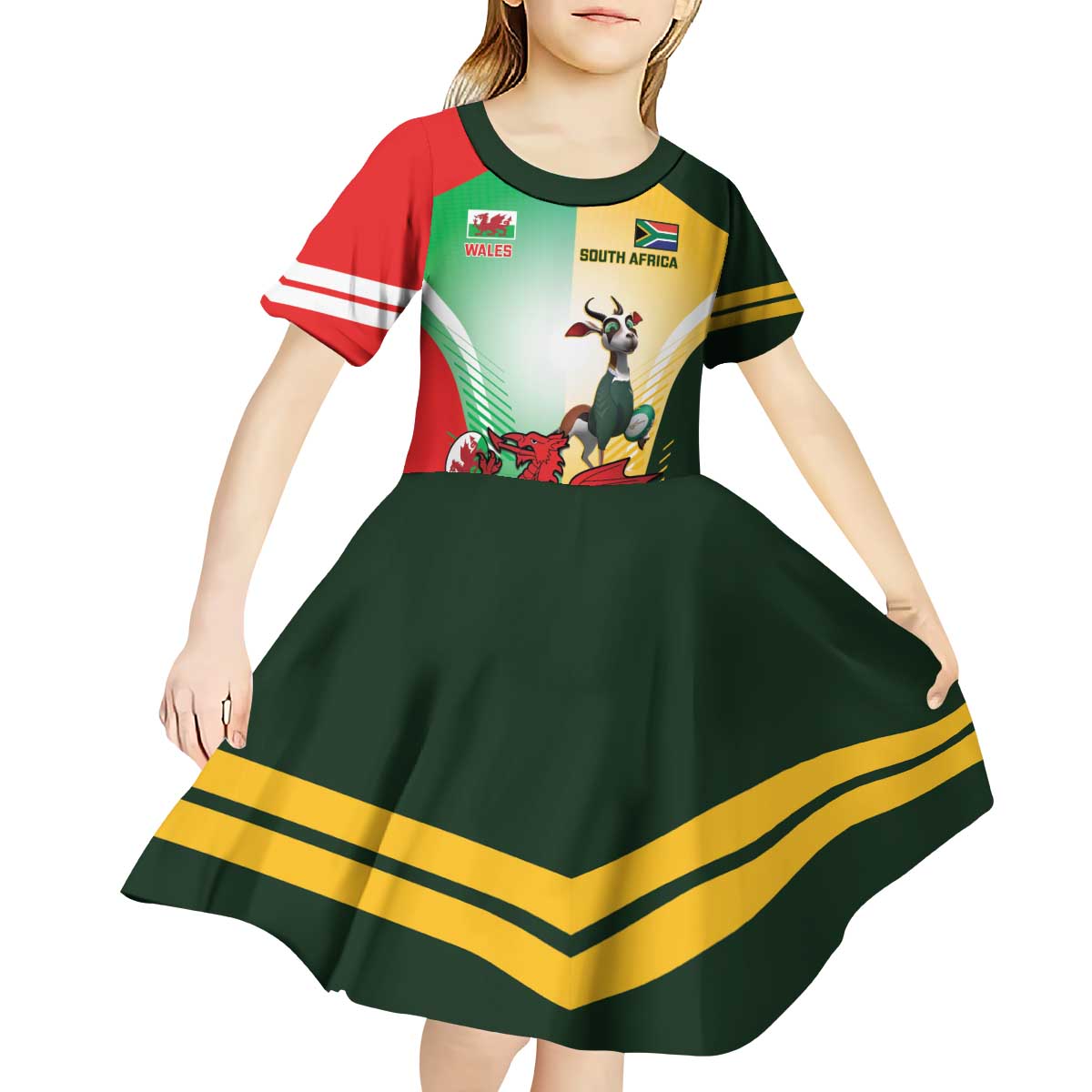 Custom South Africa And Wales Rugby Kid Short Sleeve Dress Springboks Welsh Mascots Dynamic Version