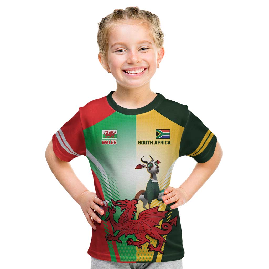 Custom South Africa And Wales Rugby Kid T Shirt Springboks Welsh Mascots Dynamic Version