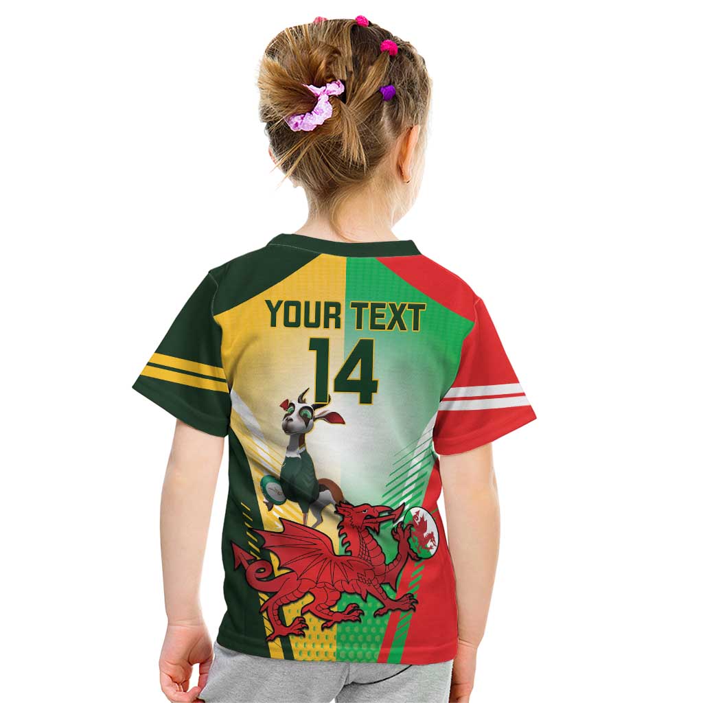 Custom South Africa And Wales Rugby Kid T Shirt Springboks Welsh Mascots Dynamic Version