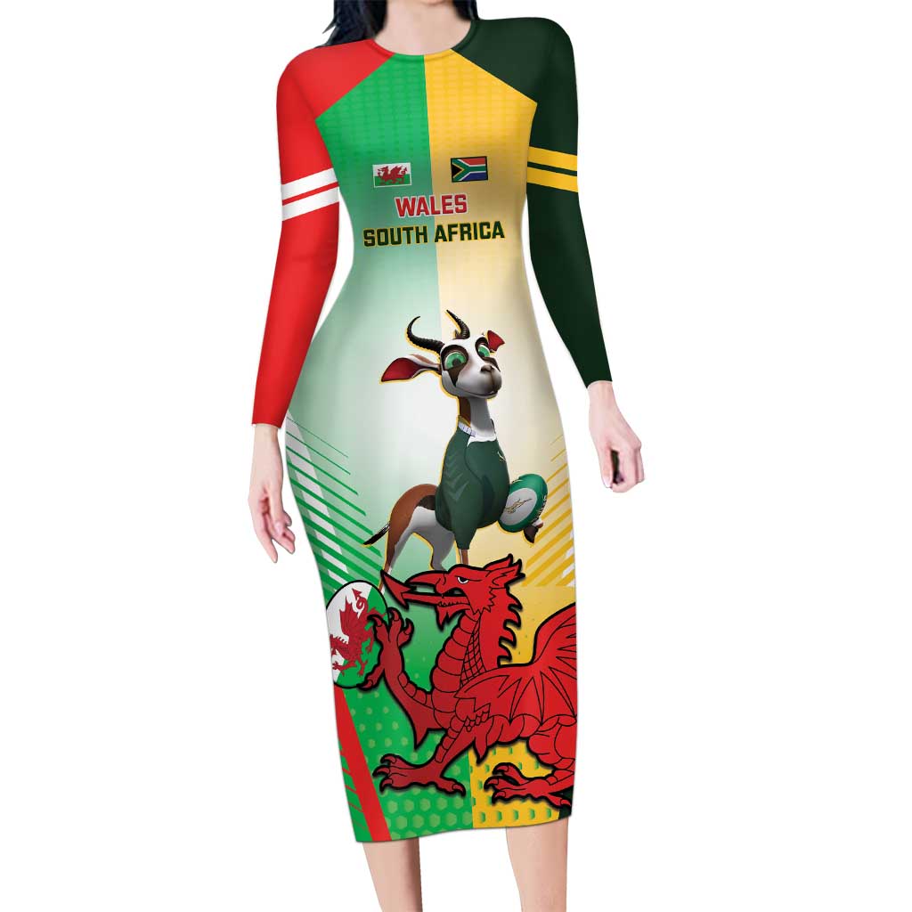 Custom South Africa And Wales Rugby Long Sleeve Bodycon Dress Springboks Welsh Mascots Dynamic Version