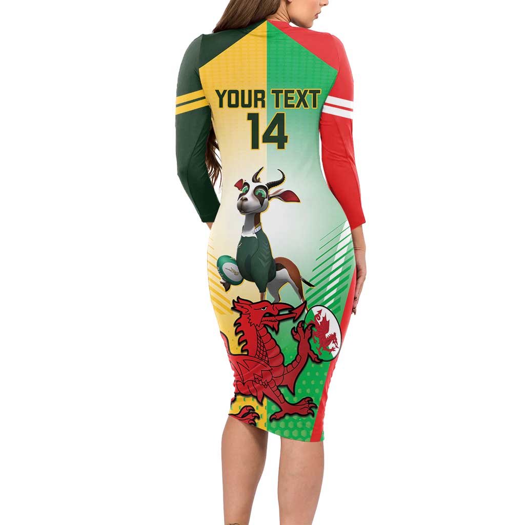 Custom South Africa And Wales Rugby Long Sleeve Bodycon Dress Springboks Welsh Mascots Dynamic Version