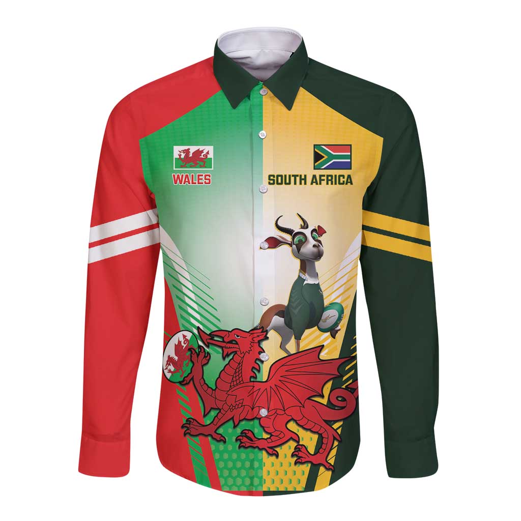 Custom South Africa And Wales Rugby Long Sleeve Button Shirt Springboks Welsh Mascots Dynamic Version