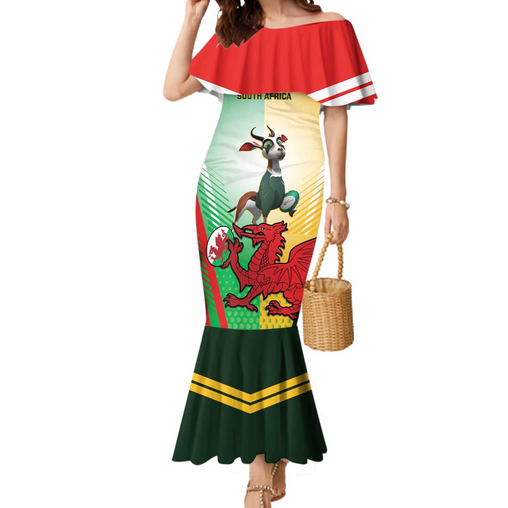 Custom South Africa And Wales Rugby Mermaid Dress Springboks Welsh Mascots Dynamic Version