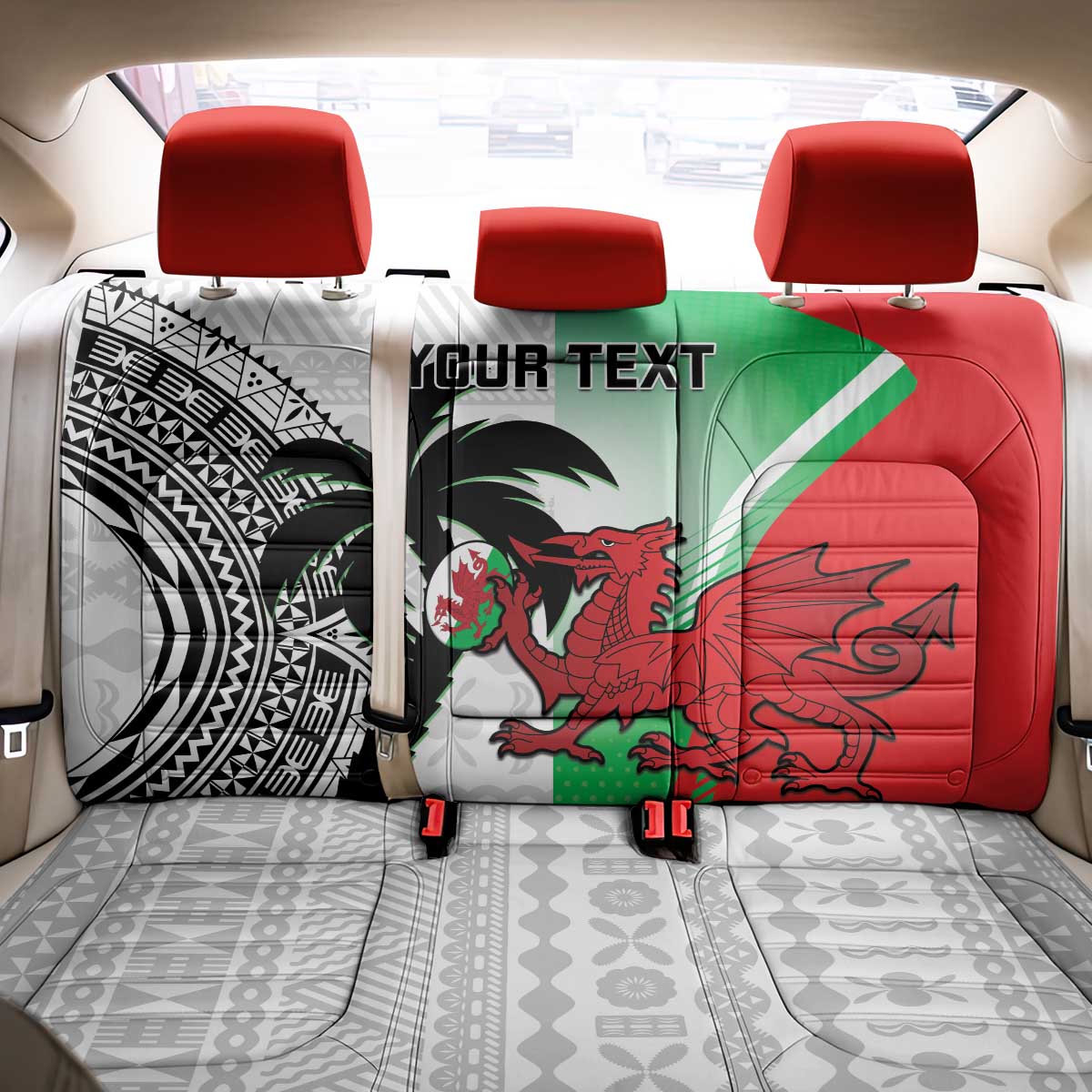 Custom Fiji And Wales Rugby Back Car Seat Cover Fijian Tapa Welsh Mascots Dynamic Version