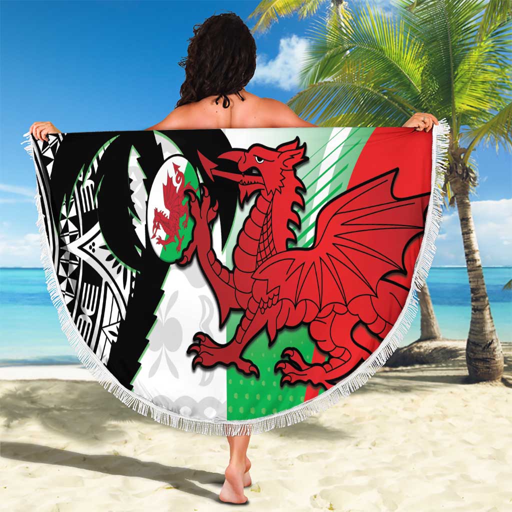 Custom Fiji And Wales Rugby Beach Blanket Fijian Tapa Welsh Mascots Dynamic Version