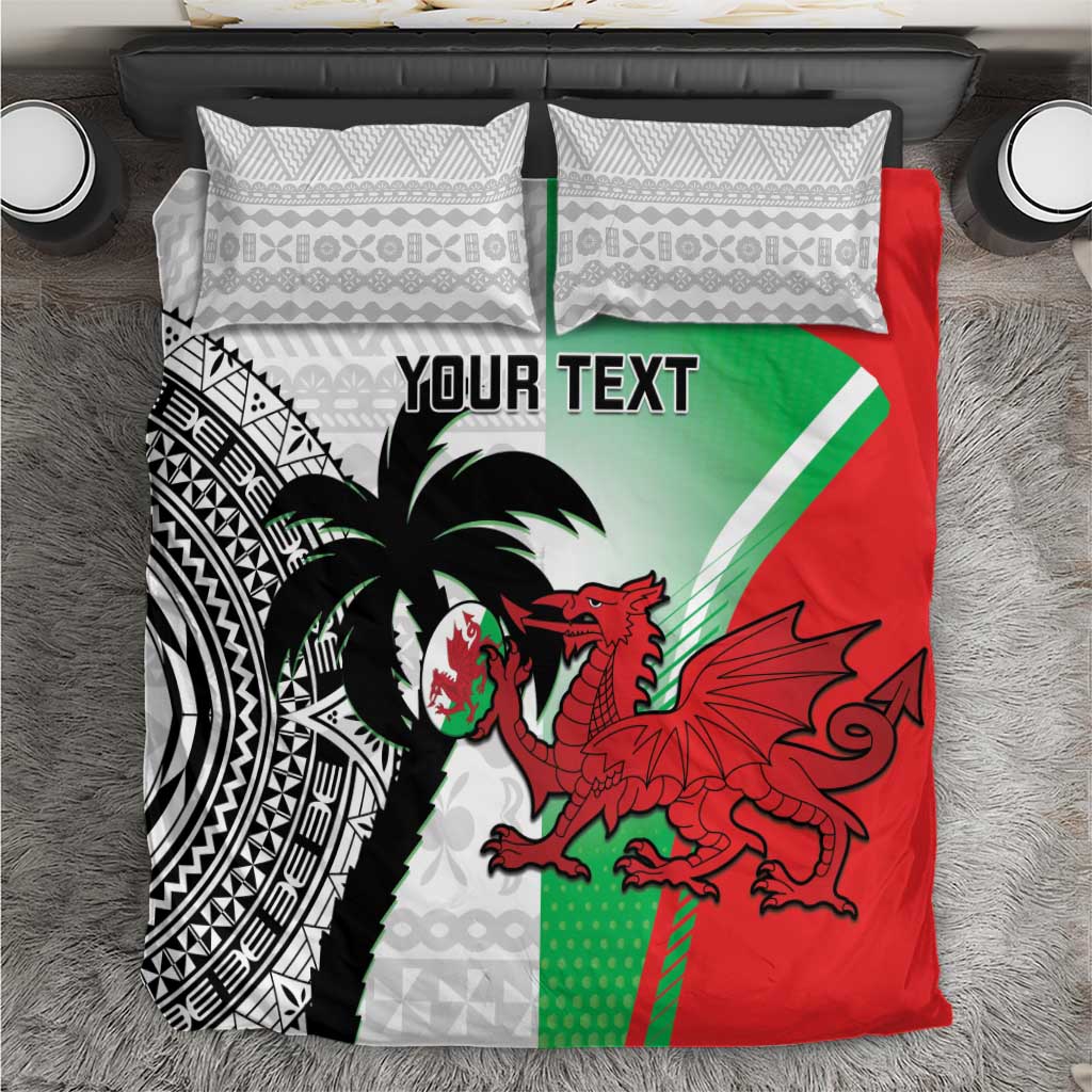 Custom Fiji And Wales Rugby Bedding Set Fijian Tapa Welsh Mascots Dynamic Version