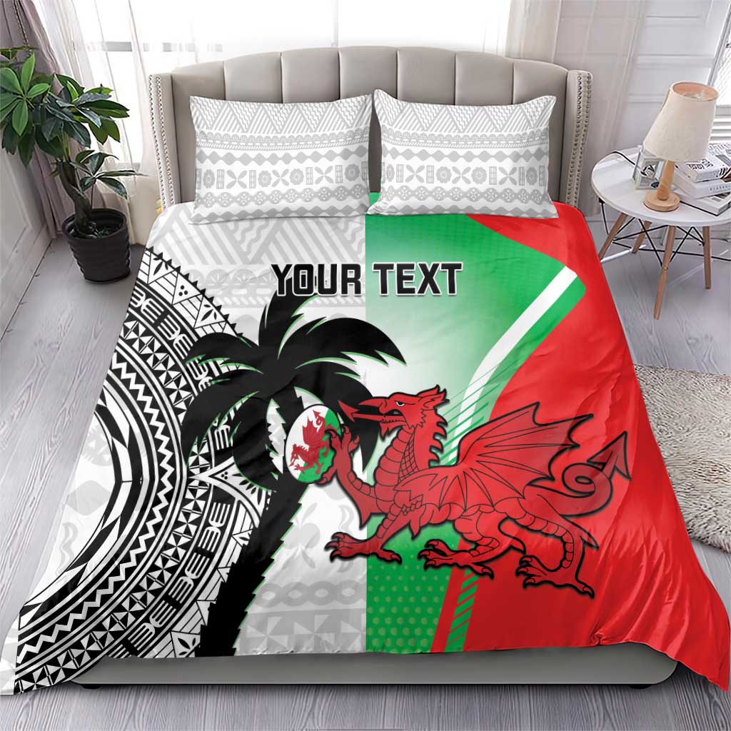 Custom Fiji And Wales Rugby Bedding Set Fijian Tapa Welsh Mascots Dynamic Version