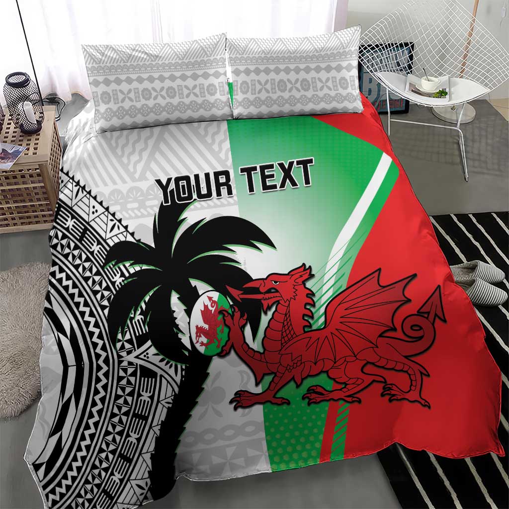 Custom Fiji And Wales Rugby Bedding Set Fijian Tapa Welsh Mascots Dynamic Version