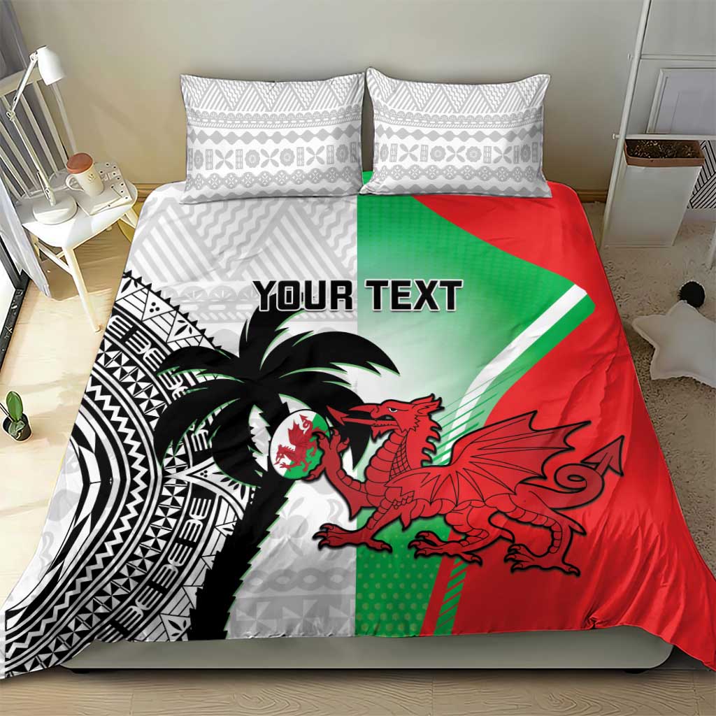 Custom Fiji And Wales Rugby Bedding Set Fijian Tapa Welsh Mascots Dynamic Version