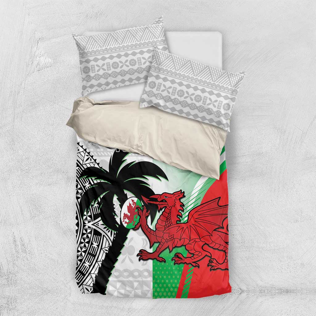 Custom Fiji And Wales Rugby Bedding Set Fijian Tapa Welsh Mascots Dynamic Version